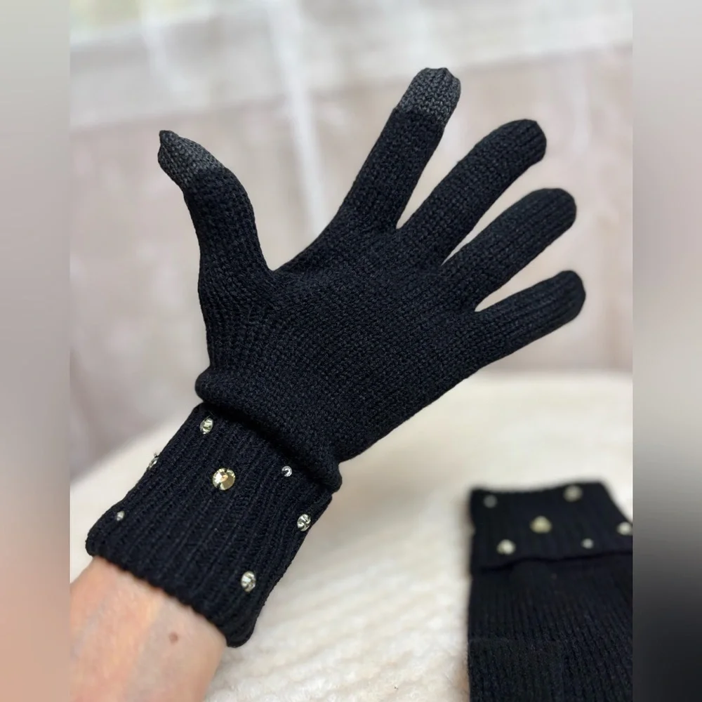 Michael Kors Black Knit Gem Gloves, Ladies